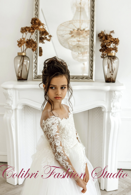 Flower girl dress, Flower girl dress long sleeve, Flower girl dress tulle, Lace girl dress, Communion dress, Ivory girl dress, Boho dress