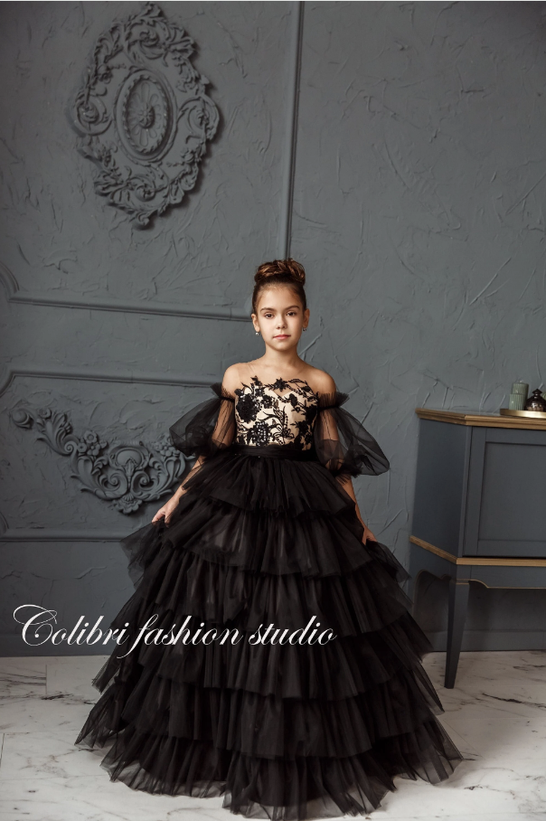 Tulle flower girl toddler dress, Black baby girl dress lace, Formal dress with puffy sleeves, Prom dress ball gown