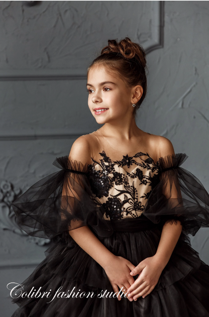 Tulle flower girl toddler dress, Black baby girl dress lace, Formal dress with puffy sleeves, Prom dress ball gown