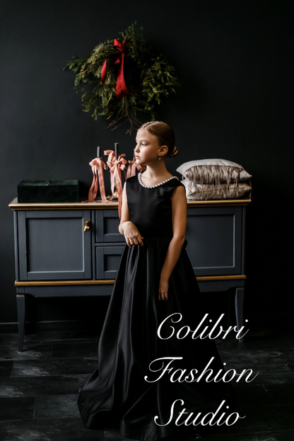 Black satin flower girl dress, Custom formal dress sleeveless, Elegant embroidered girl dress, Baby wedding dress floor length