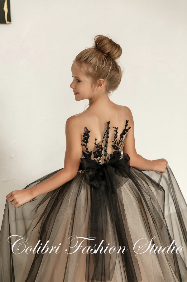 Toddler girl dress black, Long skirt tulle dress, Flower girl dress lace, Sleeveless junior bridesmaid dress