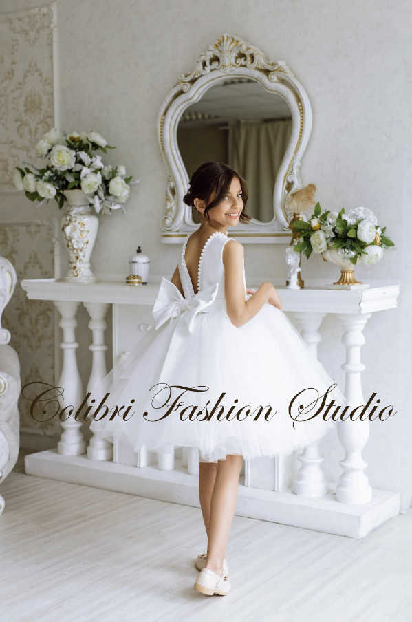 Satin flower girl dress White flower girl dress Wedding flower girl dress Party dress Dress for photoshoot Flower girl dress knee length