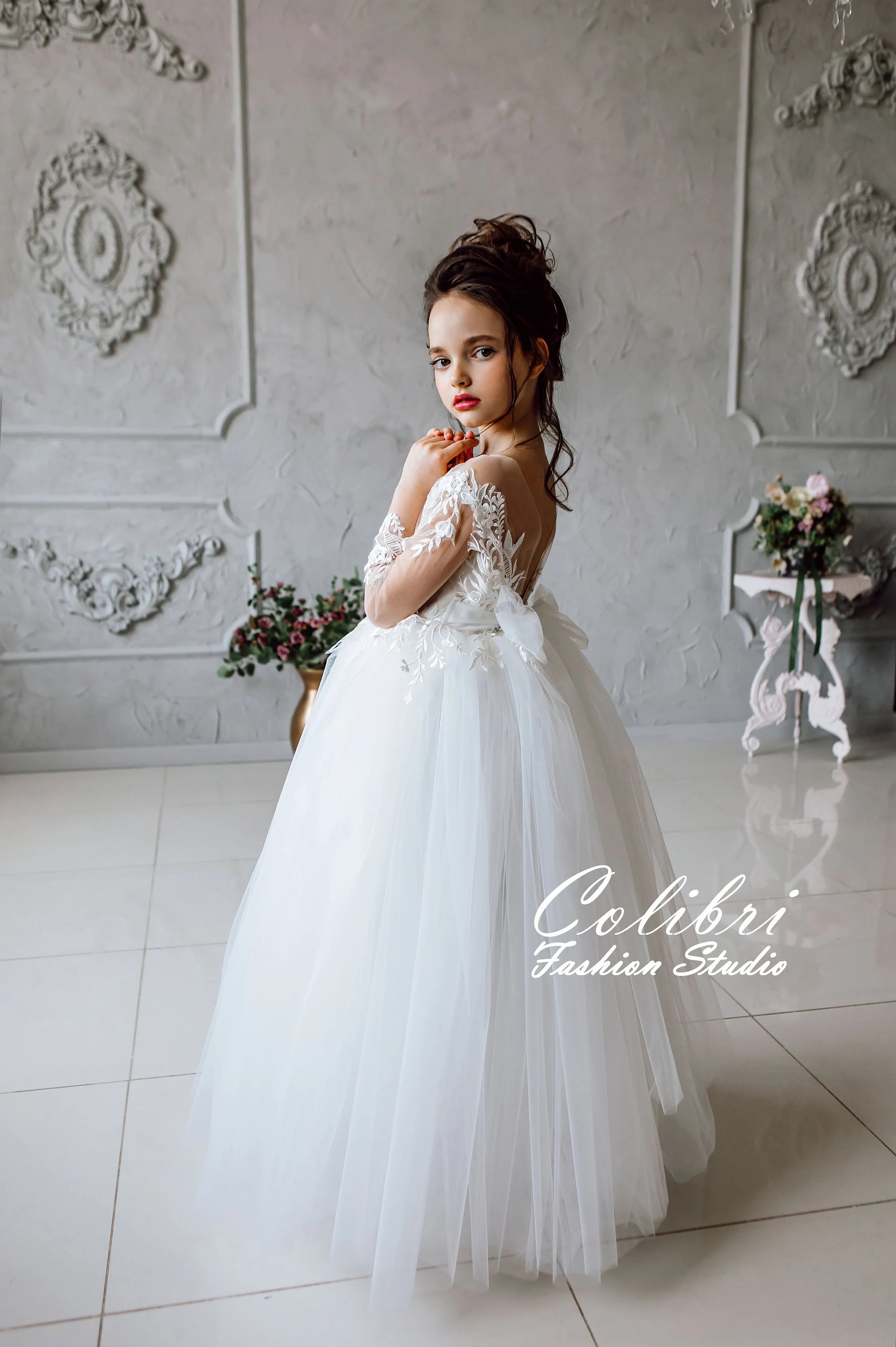 Lace flower girl wedding dress Birthday girl dress with sleeves ivory Floral dress boho with tulle skirt Tutu dress