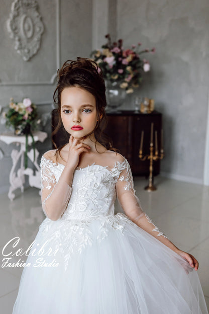 Lace flower girl wedding dress Birthday girl dress with sleeves ivory Floral dress boho with tulle skirt Tutu dress