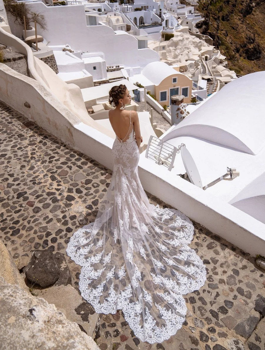 Lace mermaid wedding dress Bridal gown Long train wedding dress Open back wedding dress Sleeveless wedding dress Beach wedding dress