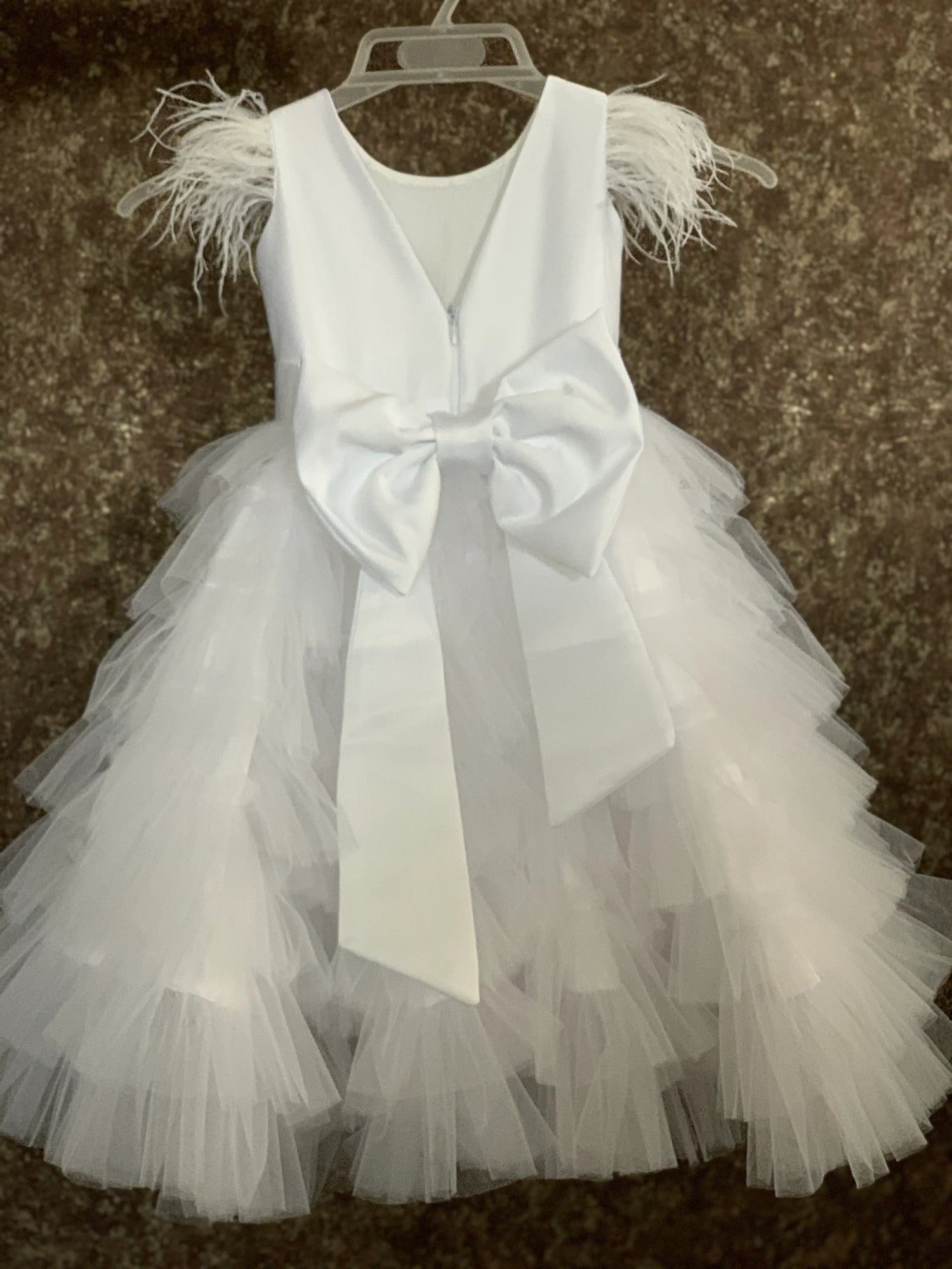 Flower girl proposal ivory dress, Tutu girl dress, White tulle flower girl dress, Girl party dress with feathers, Baby girl dress