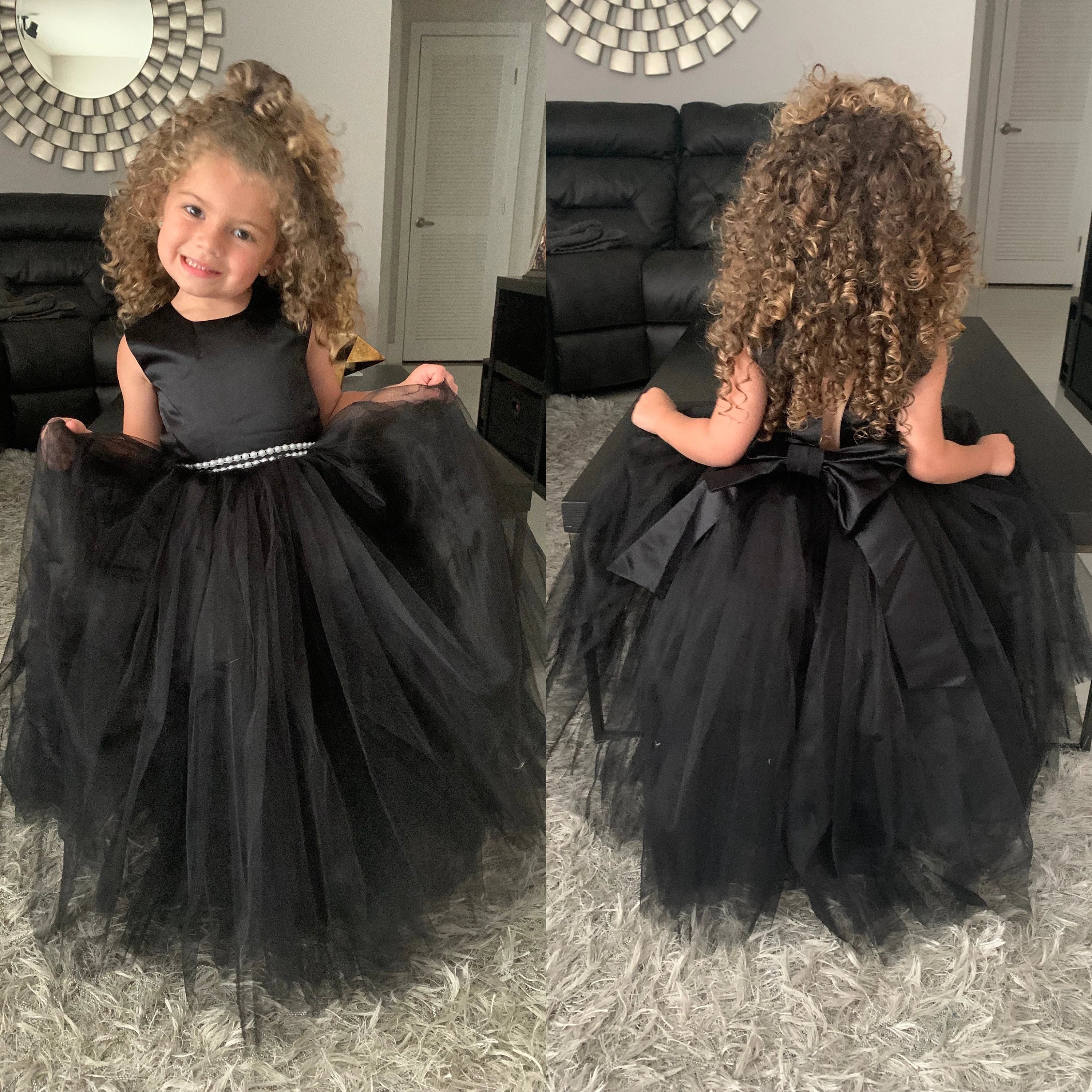 Black tulle girl dress, Flower girl dress elegant, Classic toddler girl dress, Tutu girl dress with pearls