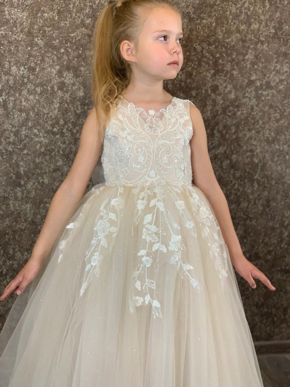 Poofy flower girl dress nude Beige little girl dress Lace baby girl dress First communion girl dress Dress for photoshoot