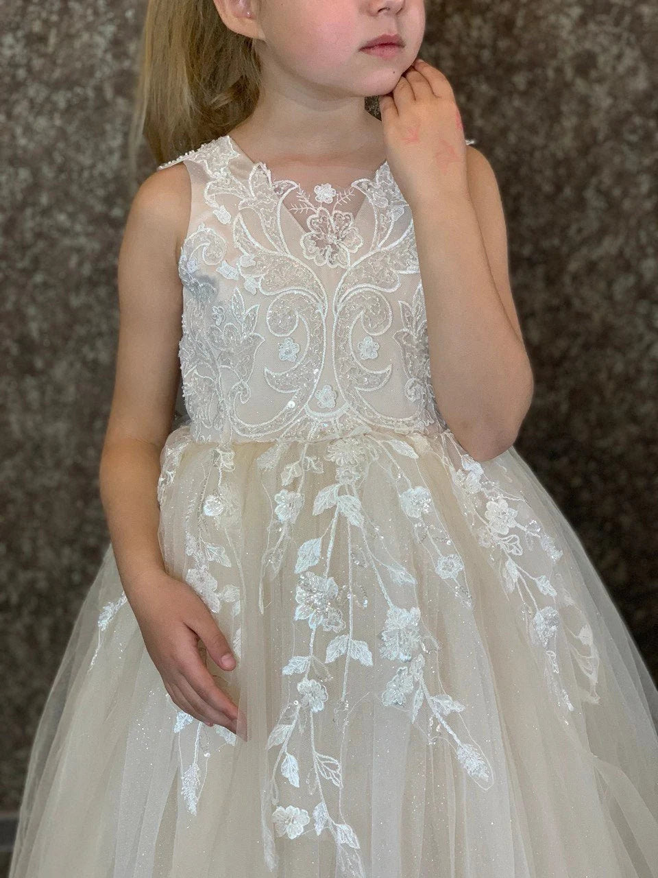 Poofy flower girl dress nude Beige little girl dress Lace baby girl dress First communion girl dress Dress for photoshoot