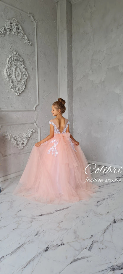 Pink flower girl dress lace, Floor length skirt girl dress, Crochet lace toddler girl dress, Ivory bridesmaid gown