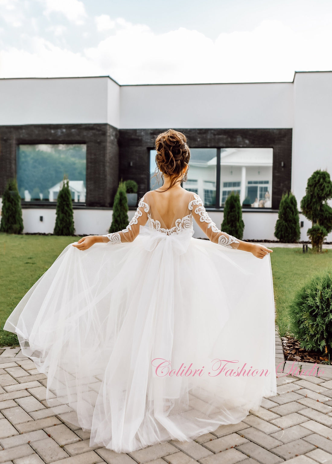 Tulle girl dress, Ivory flower girl dress, Wedding flower girl dress, Communion dress, Flower girl dress lace, Long sleeve girl dress