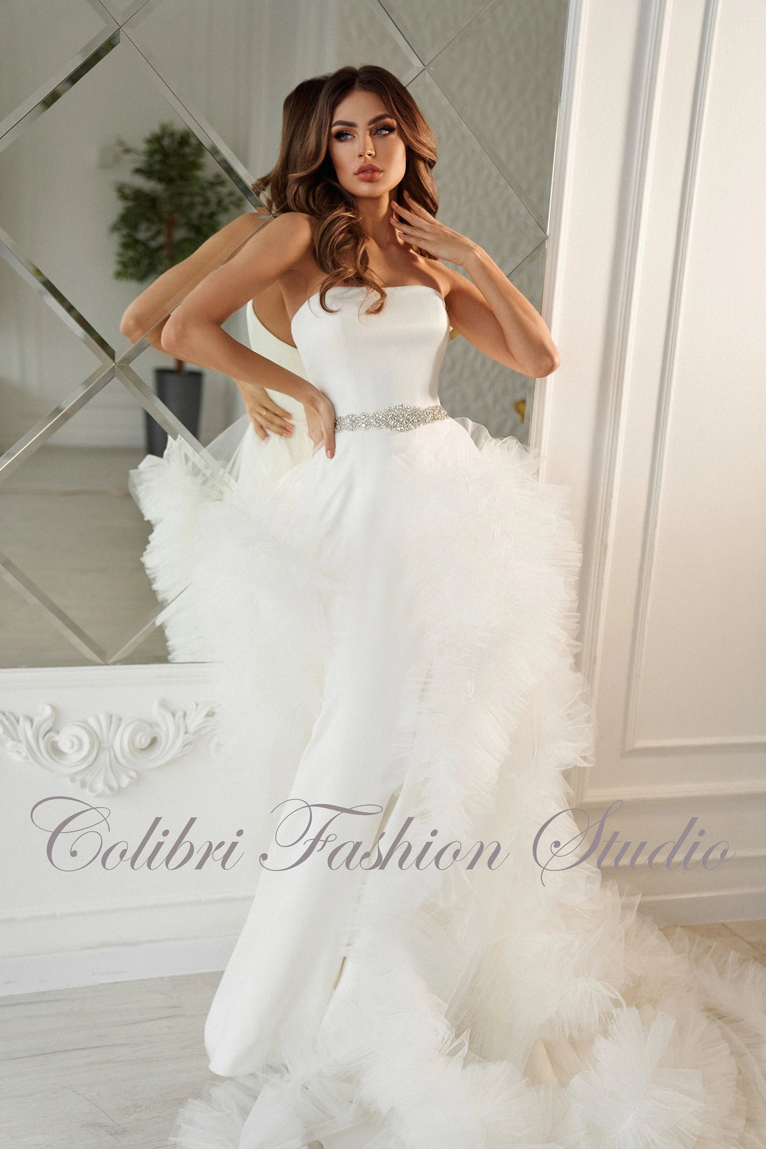 Satin wedding dress, A-line wedding dress, White bridal gown, Wedding dress with train, Open shoulders bridal gown