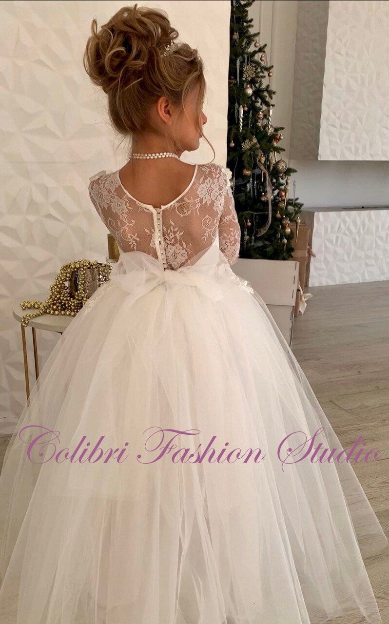 Flower girl dress, Tutu girl dress, Tulle flower girl dress, Princess girl dress, Ivory flower girl dress