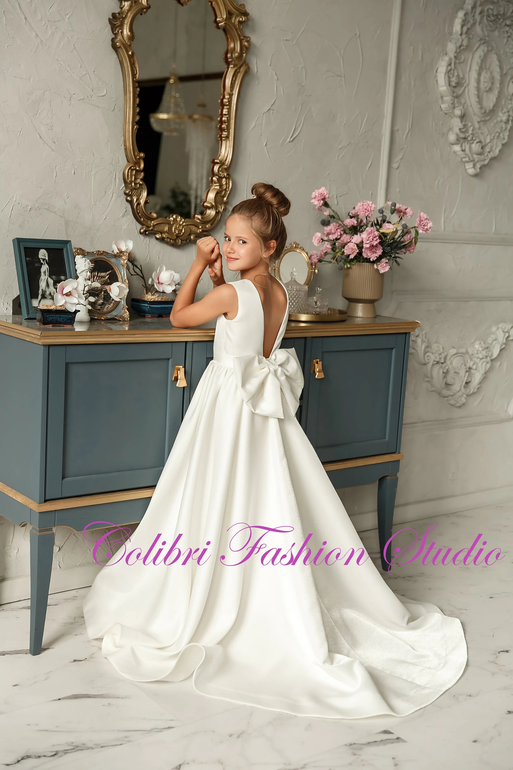 Satin communion girl dress Ivory flower girl dress with train Wedding flower girl dress open back Junior bridesmaid dress