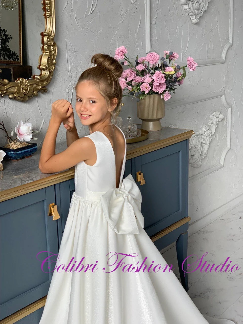 Satin communion girl dress Ivory flower girl dress with train Weddin Colibri Fashion Studio