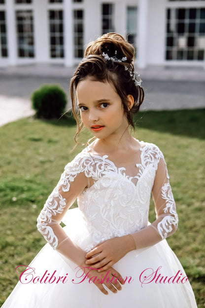 white lace junior bridesmaid dress BETCY / Junior Bridesmaid Dress with Ivory Flower Appliques