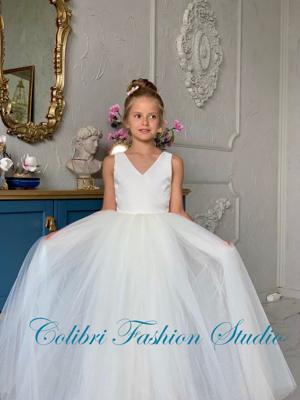 Flower girl dress tulle, Satin flower girl dress, Ivory girl dress, Ba Colibri Fashion Studio Flower girl dress tulle, Satin flower girl dress, Ivory girl dress, Ba Colibri Fashion Studio
