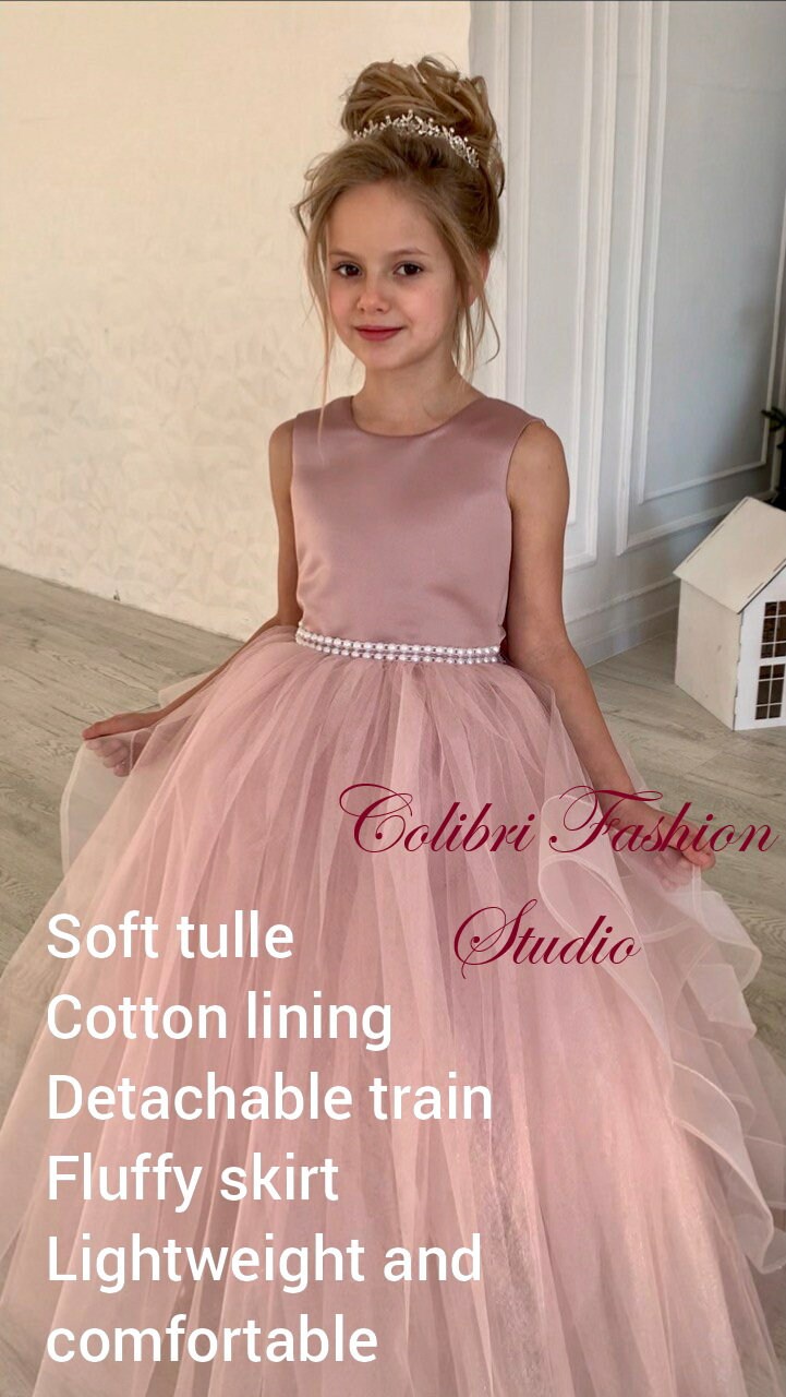 Flower girl dress dusty rose, Satin girl dress, Tulle girl dresses, Princess dress, Fluffy girl dress, White girl dresses, Satin dresses