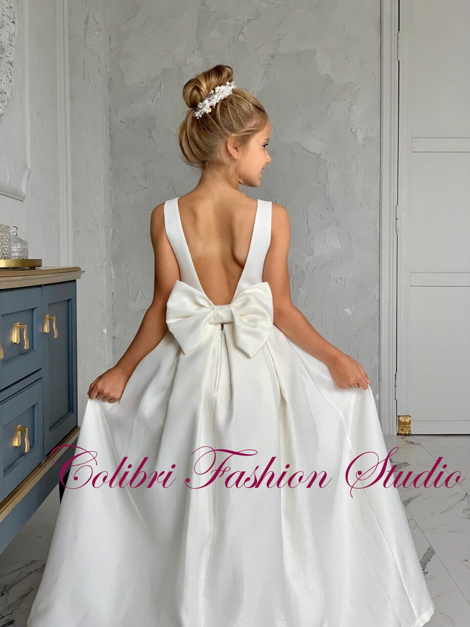 Satin girl dress ivory, A-line flower girl dress, Open back girl dress, Birthday toddler girl dress