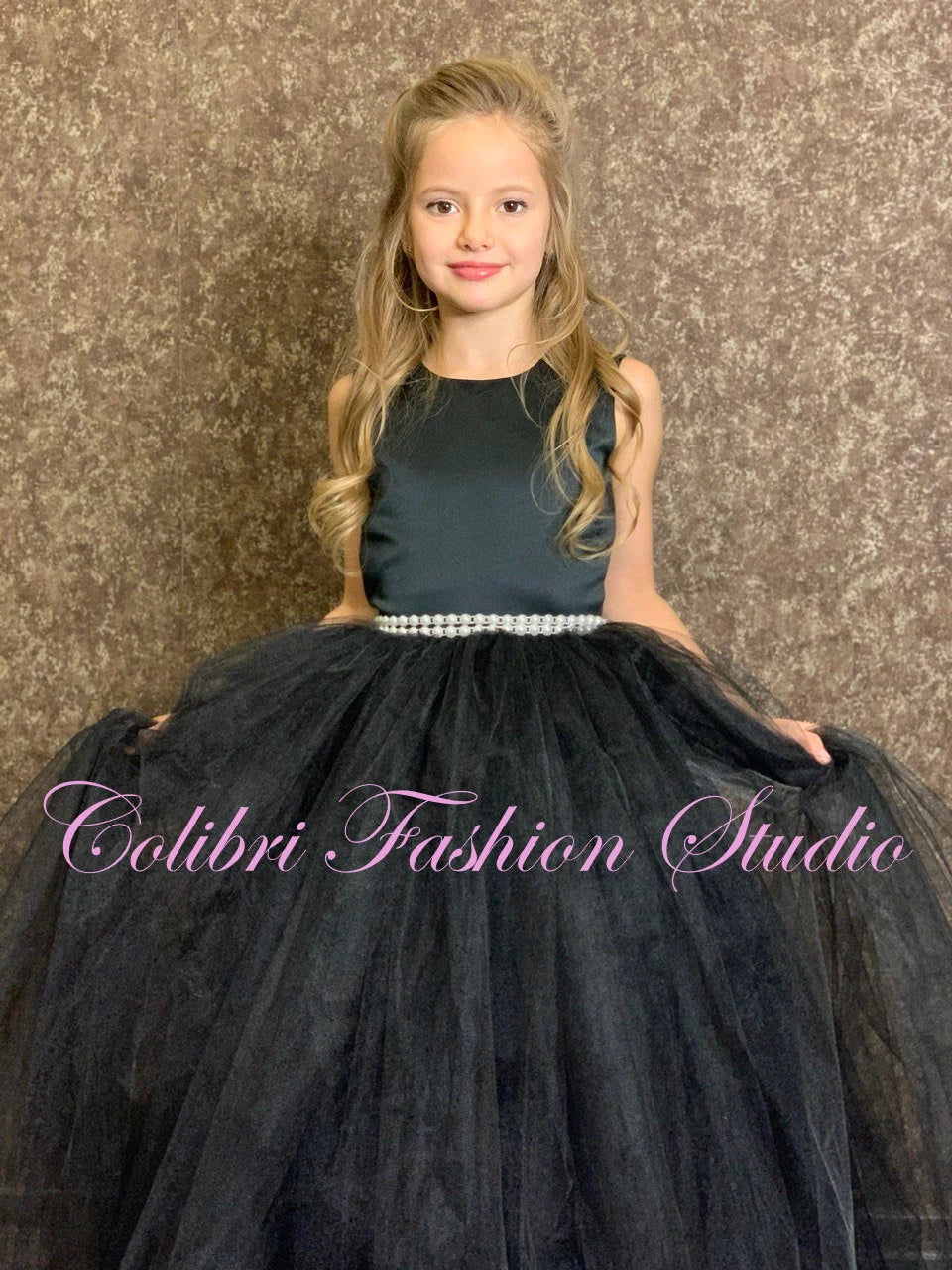 Black tulle girl dress, Flower girl dress elegant, Classic toddler girl dress, Tutu girl dress with pearls
