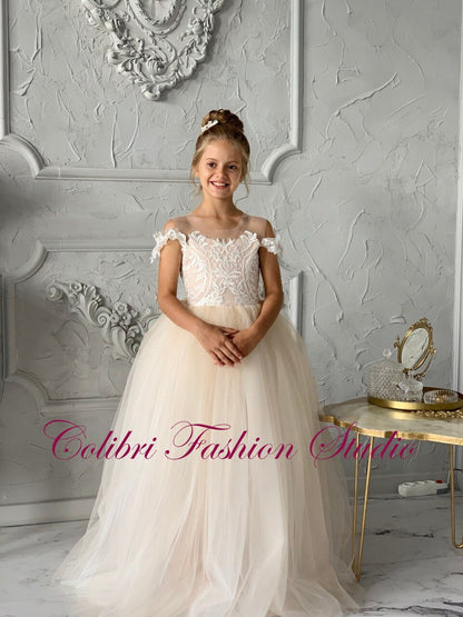 Nude flower girl dress lace First communion dress Floral girl dress floor length Ball gown Junior bridesmaid wedding dress