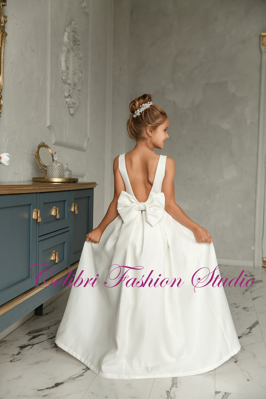 Flower girl dress ivory satin baby girl dress princess white girl dress birthday party dress sun holiday dress