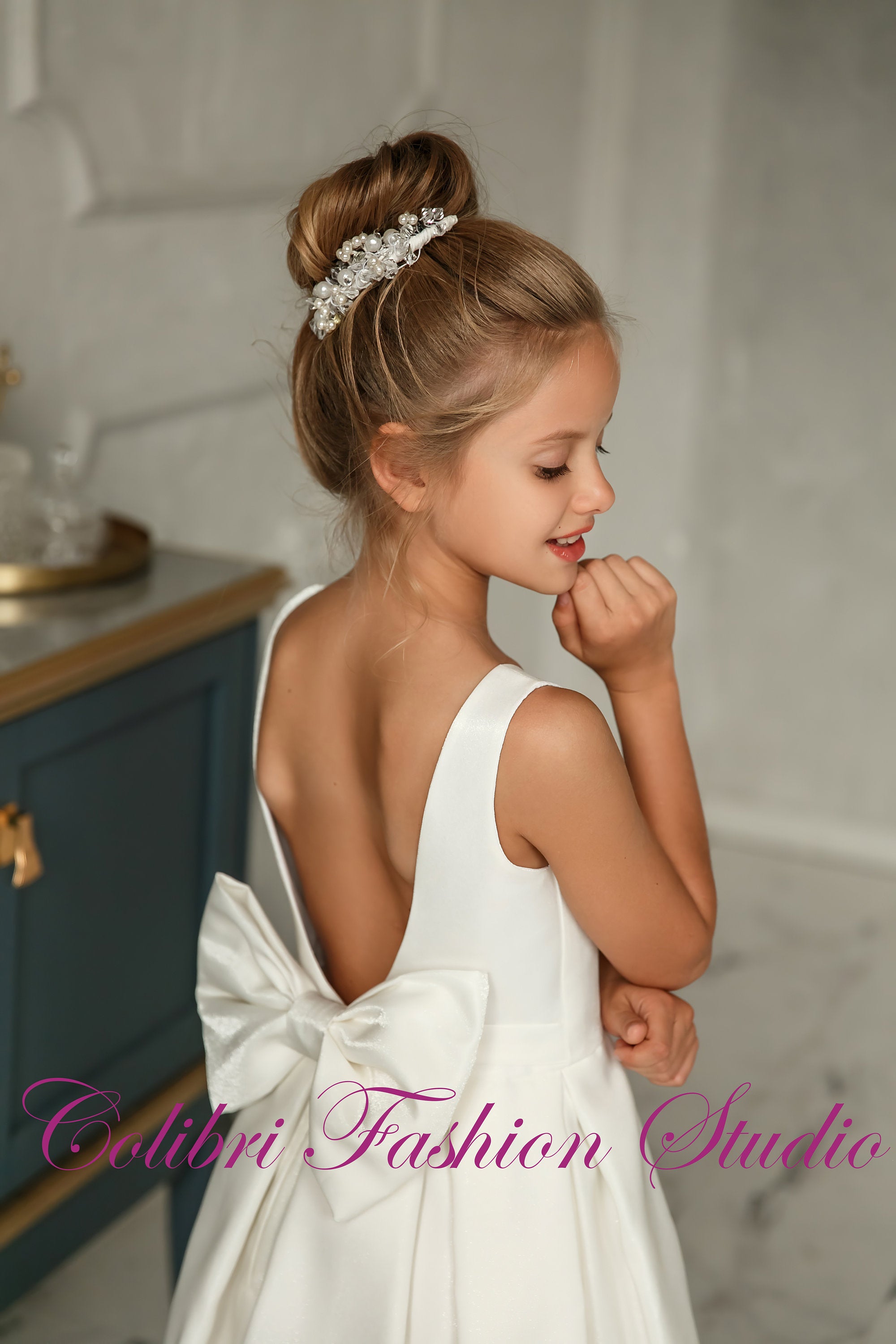 Satin flower girl dress tutu Simple girl dress open back Junior bridesmaid dress ivory Birthday girl party dress sun holiday dress