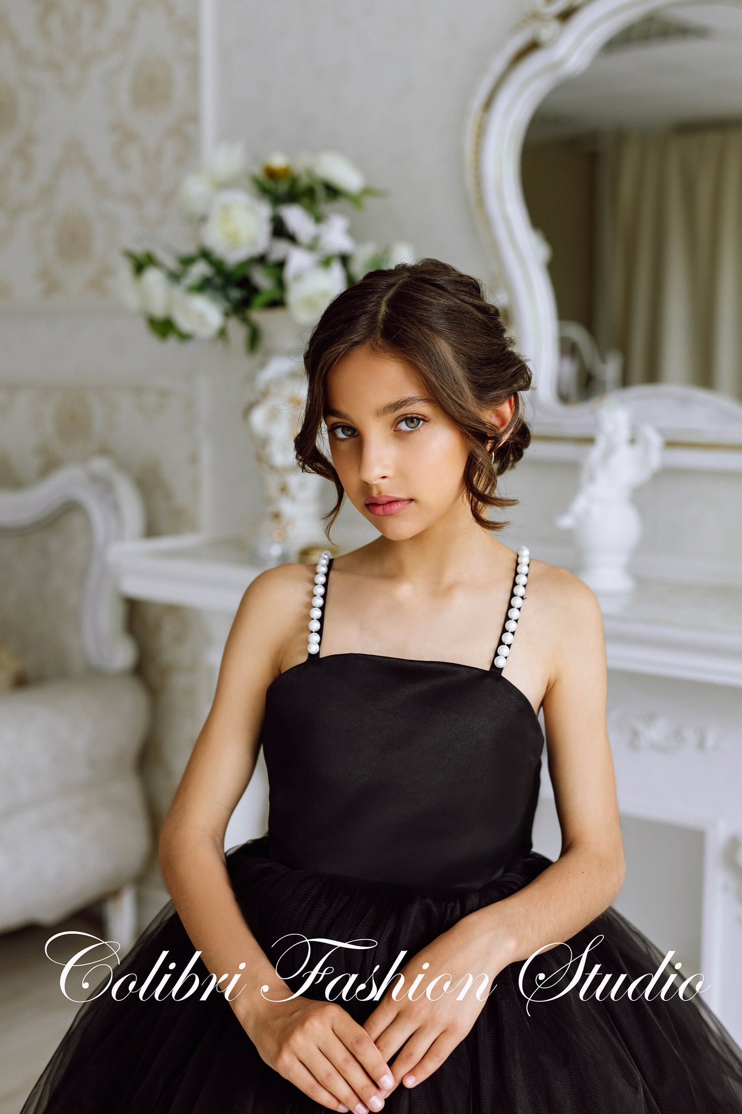 Pageant girl dress with train, Knee length junior bridesmaid dress bla Colibri Fashion Studio Pageant girl dress with train, Knee length junior bridesmaid dress bla Colibri Fashion Studio