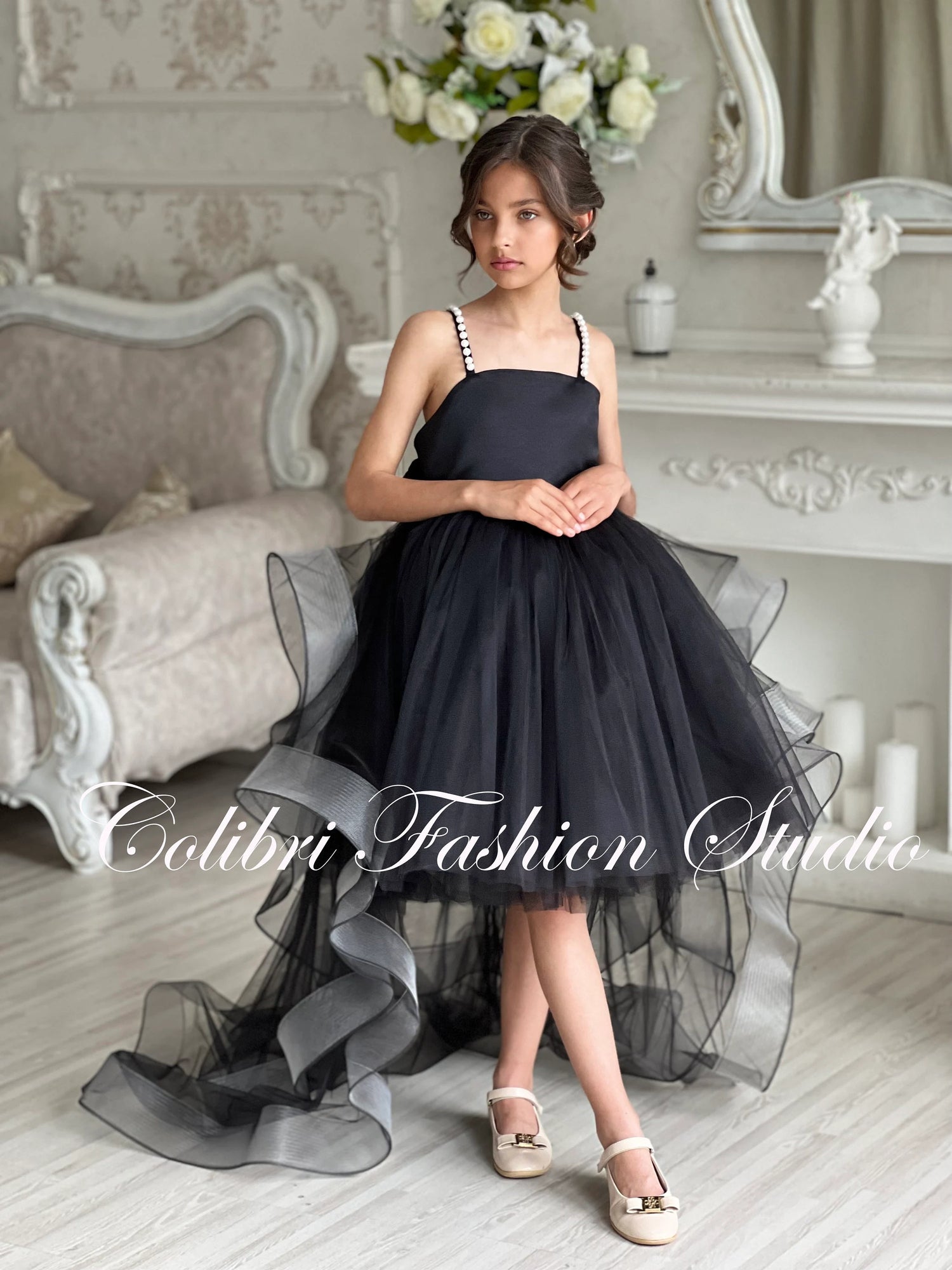 Flower girl dress, Black flower dress, Tulle dress, Satin girl dress, Wedding flower girl dress, Photoshoot dress, Ivory flower girl dress