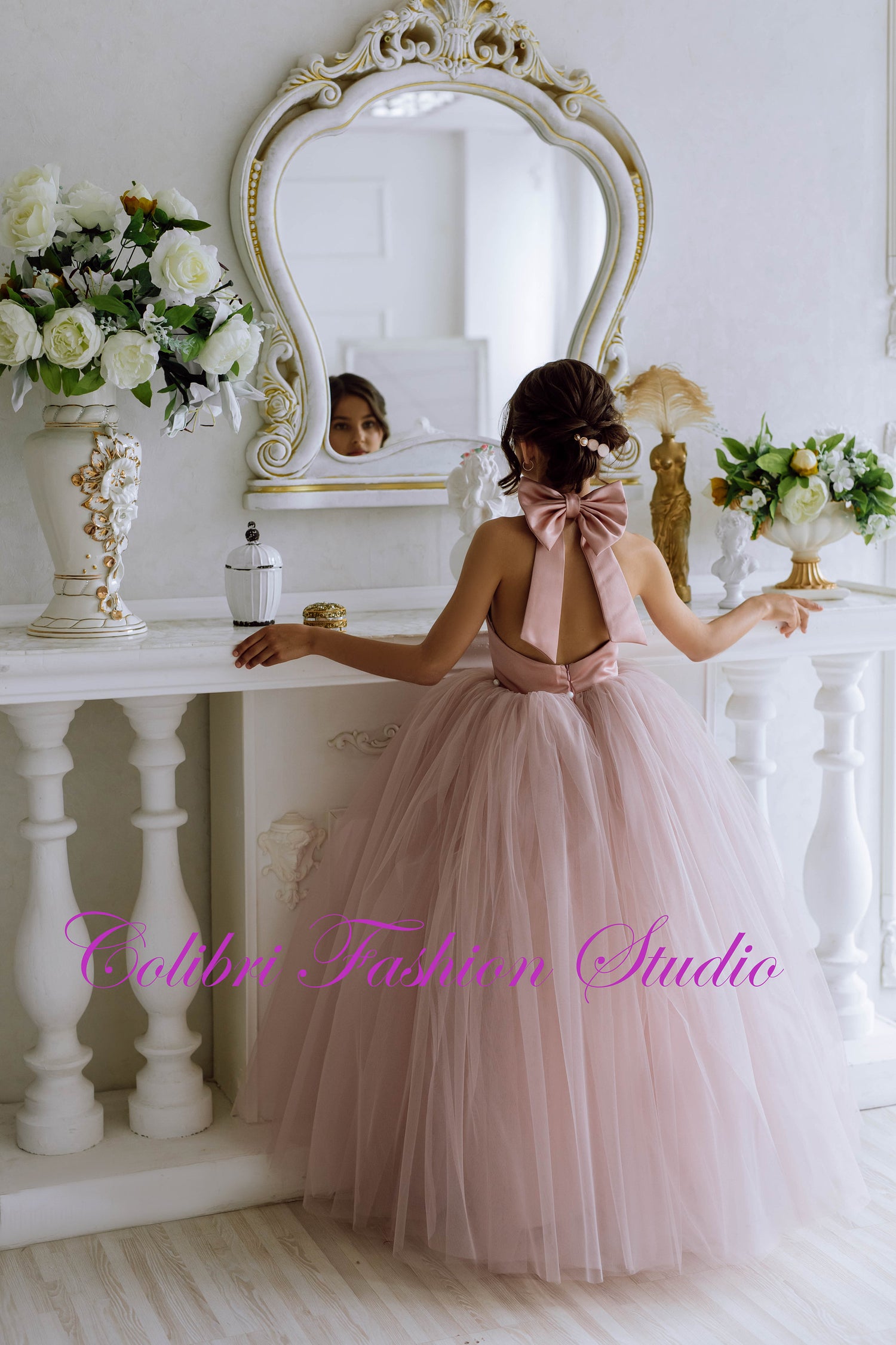 Dusty rose baby girl dress with removable train, Tulle flower girl dre – Colibri Fashion Studio