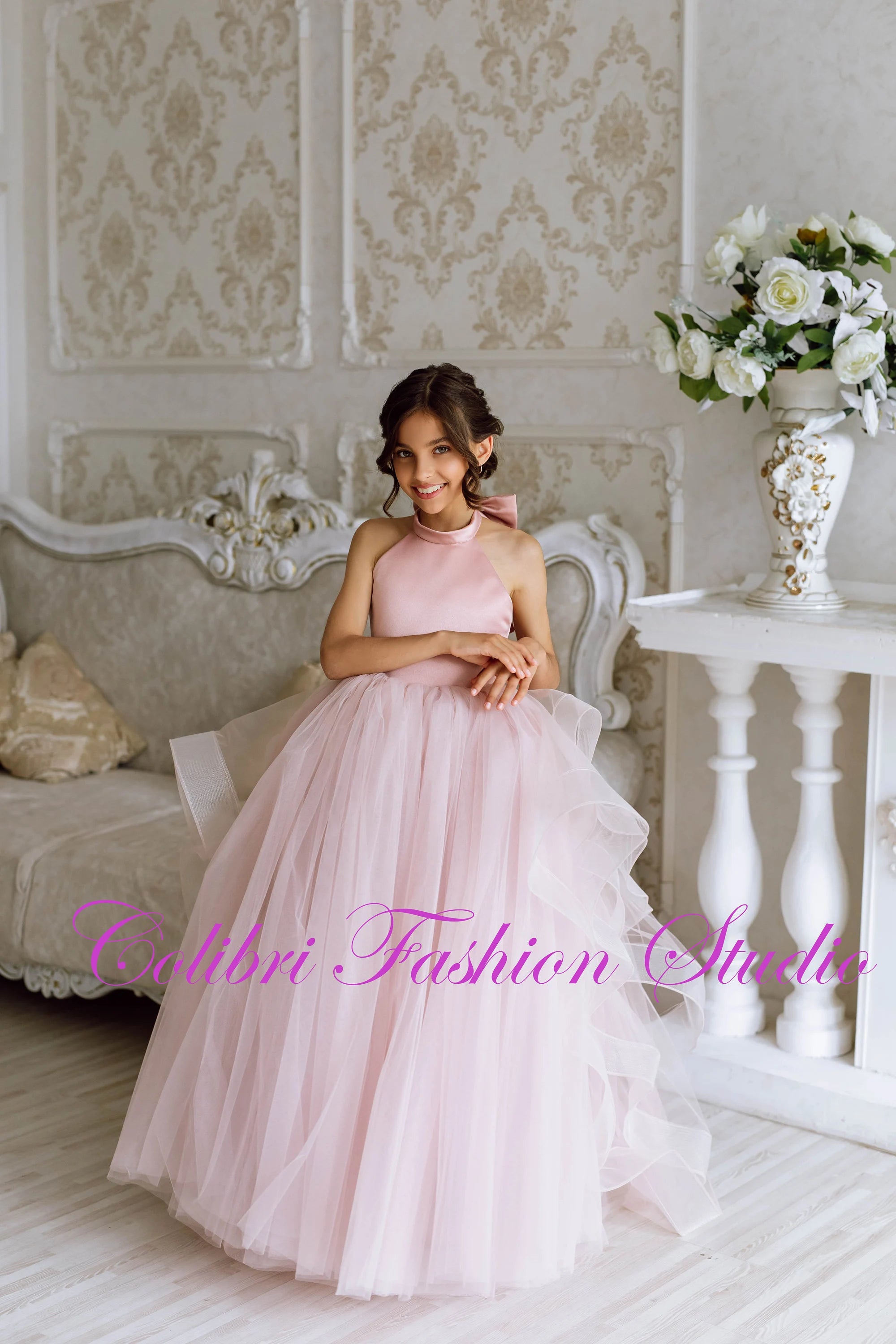 Dusty rose baby girl dress with removable train Tulle flower girl dre Colibri Fashion Studio