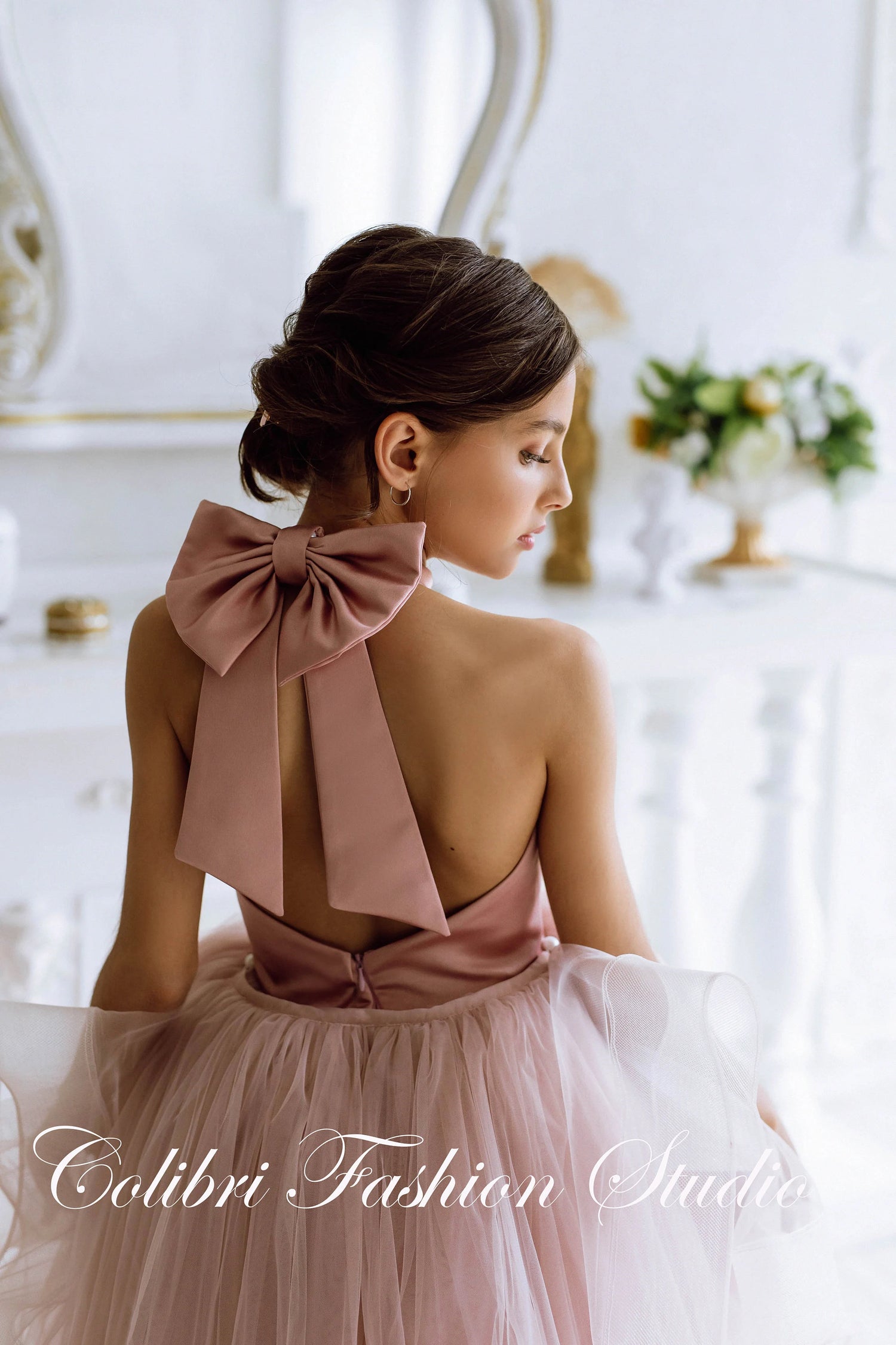 Dusty rose baby girl dress with removable train Tulle flower girl dress maxi Halter neckline flower girl dress Toddler girl birthday girl dress