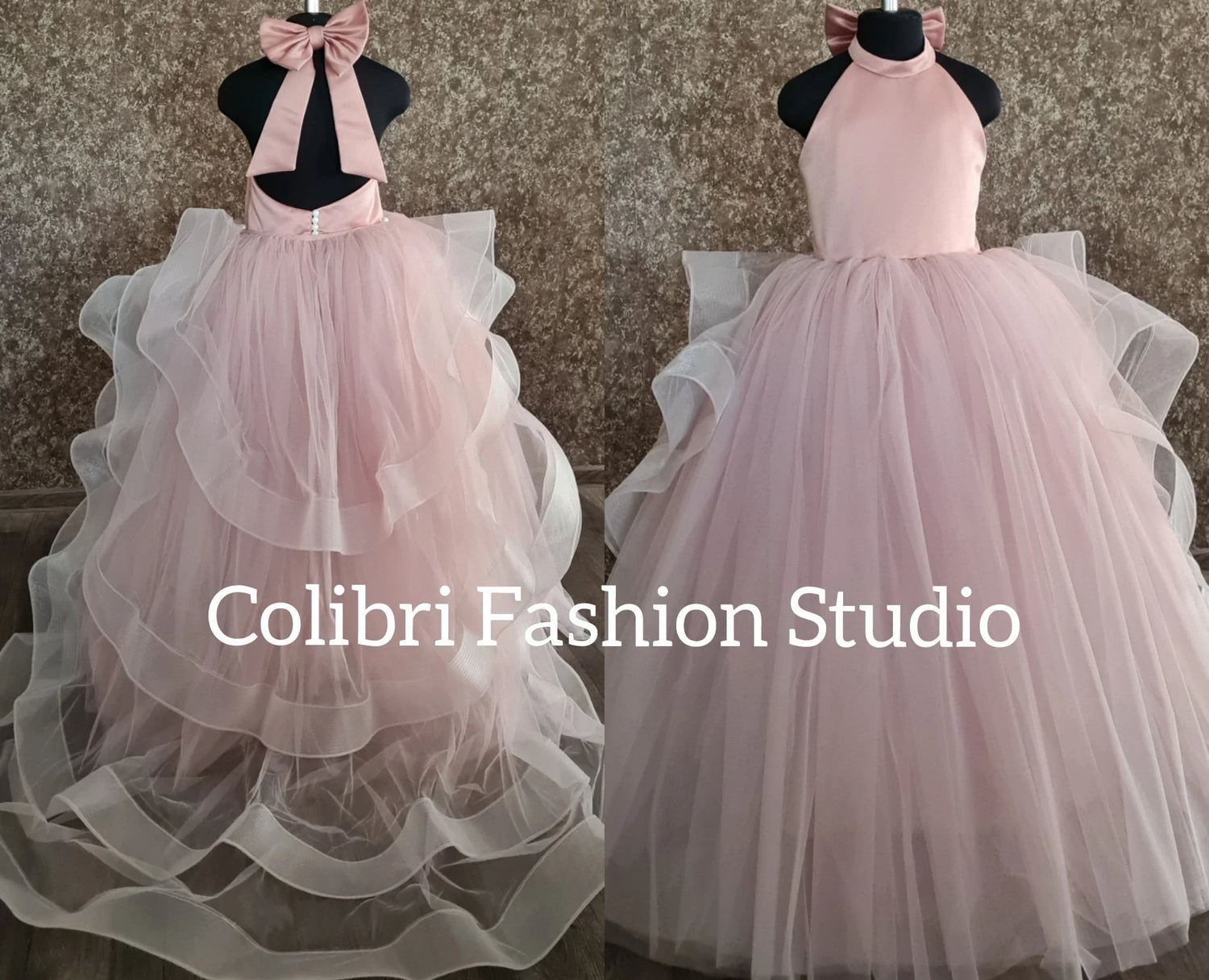 Dusty rose baby girl dress with removable train, Tulle flower girl dress maxi, Halter neckline flower girl dress, Toddler girl birthday girl dress