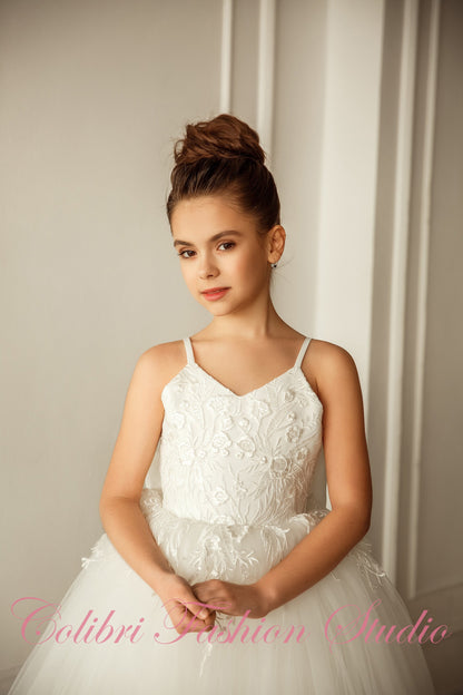 Ivory lace flower girl dress Flower girl tulle dress Flower girl proposal baby dress Junior bridesmaid dress