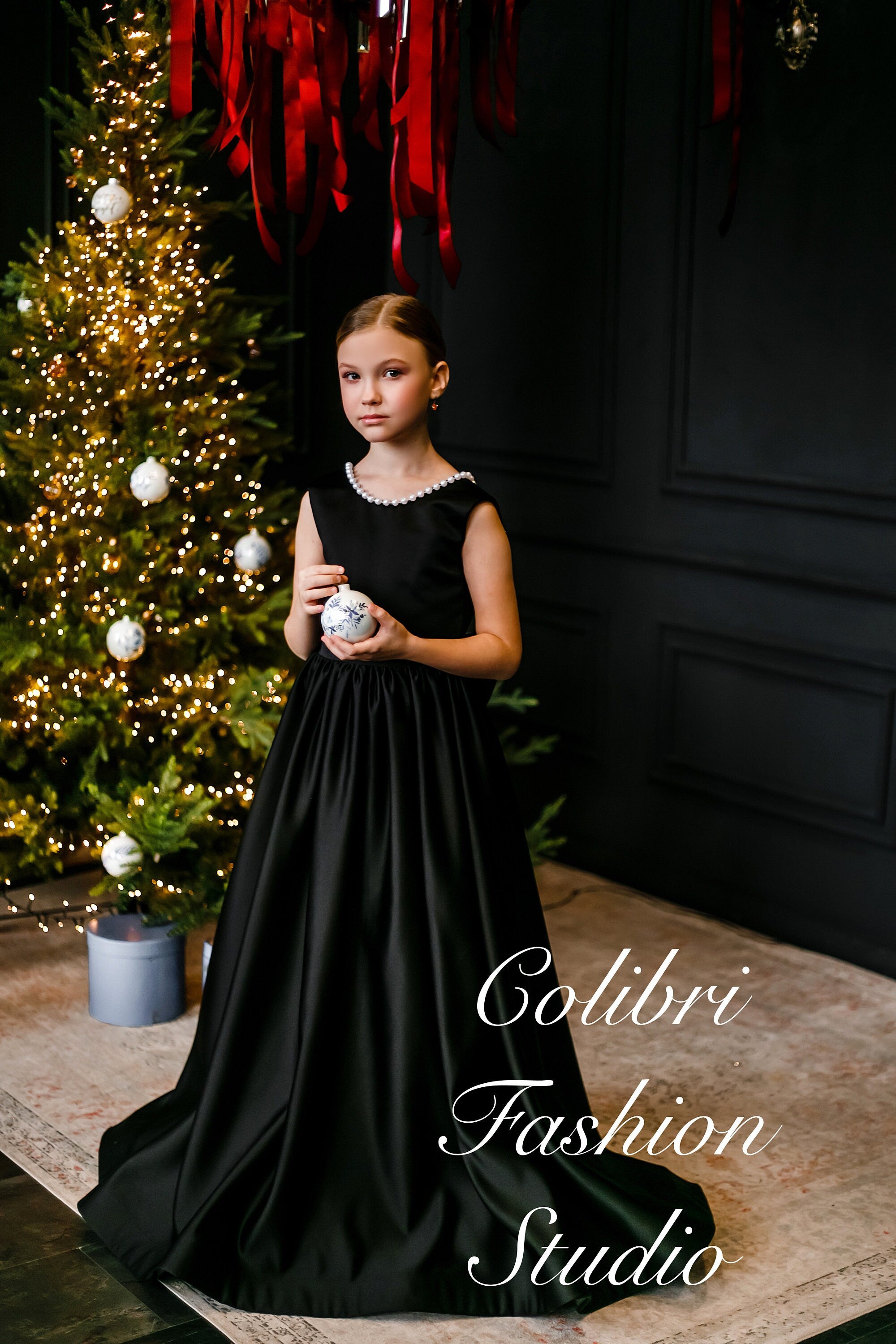 Black satin flower girl dress, Custom formal dress sleeveless, Elegant embroidered girl dress, Baby wedding dress floor length