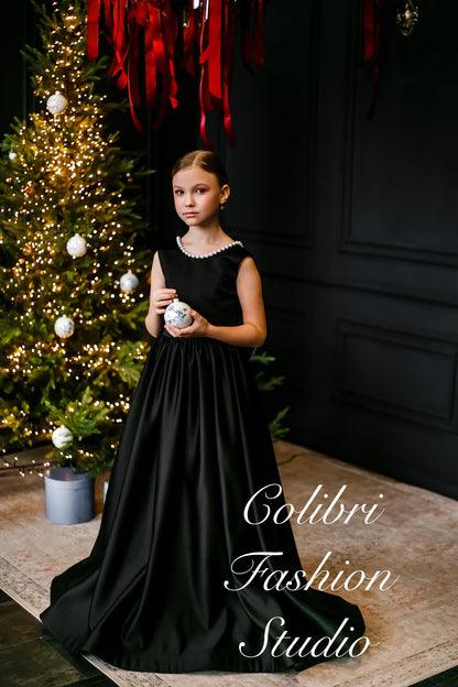 Black satin flower girl dress, Custom formal dress sleeveless, Elegant embroidered girl dress, Baby wedding dress floor length