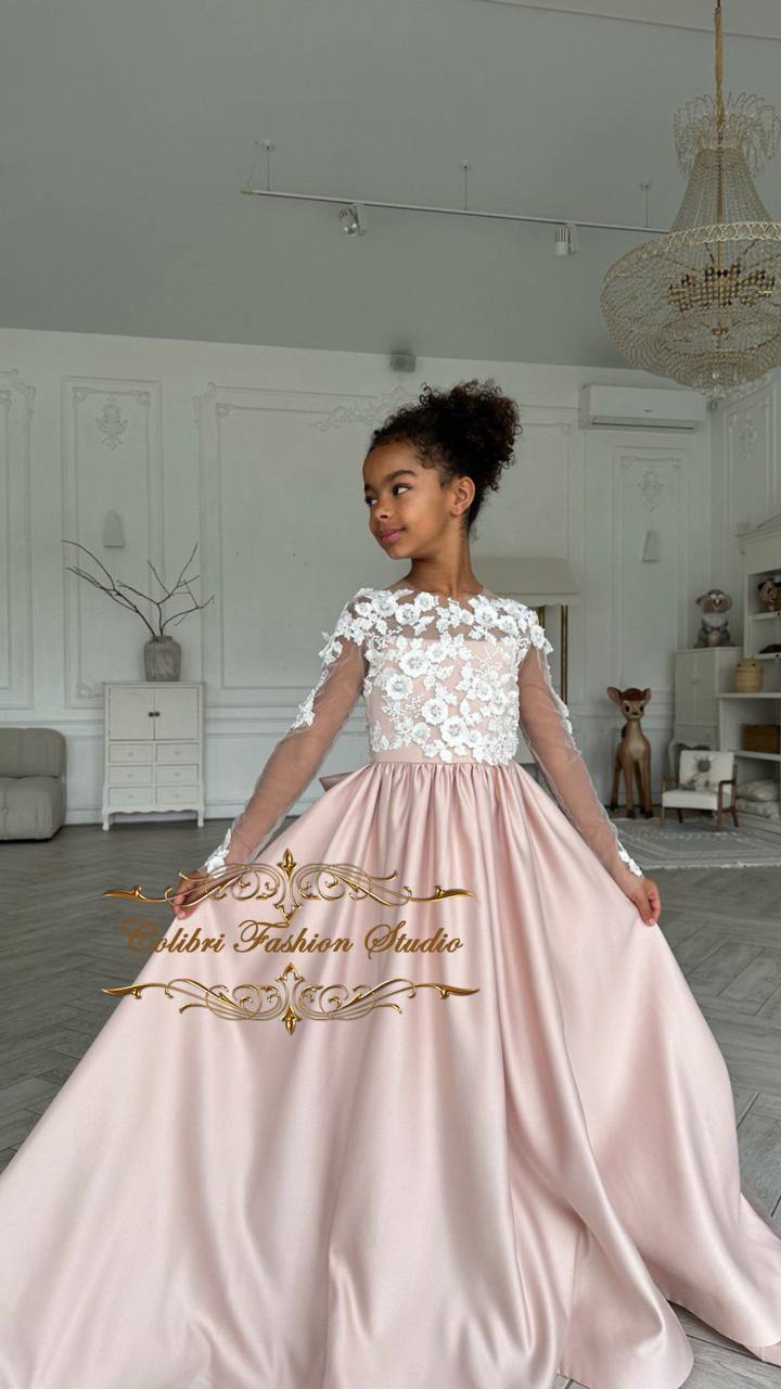 Flower girl dress satin skirt, Lace girl dress baby girl, First communion dress flower lace embroidered, Nude birthday girl dress with train