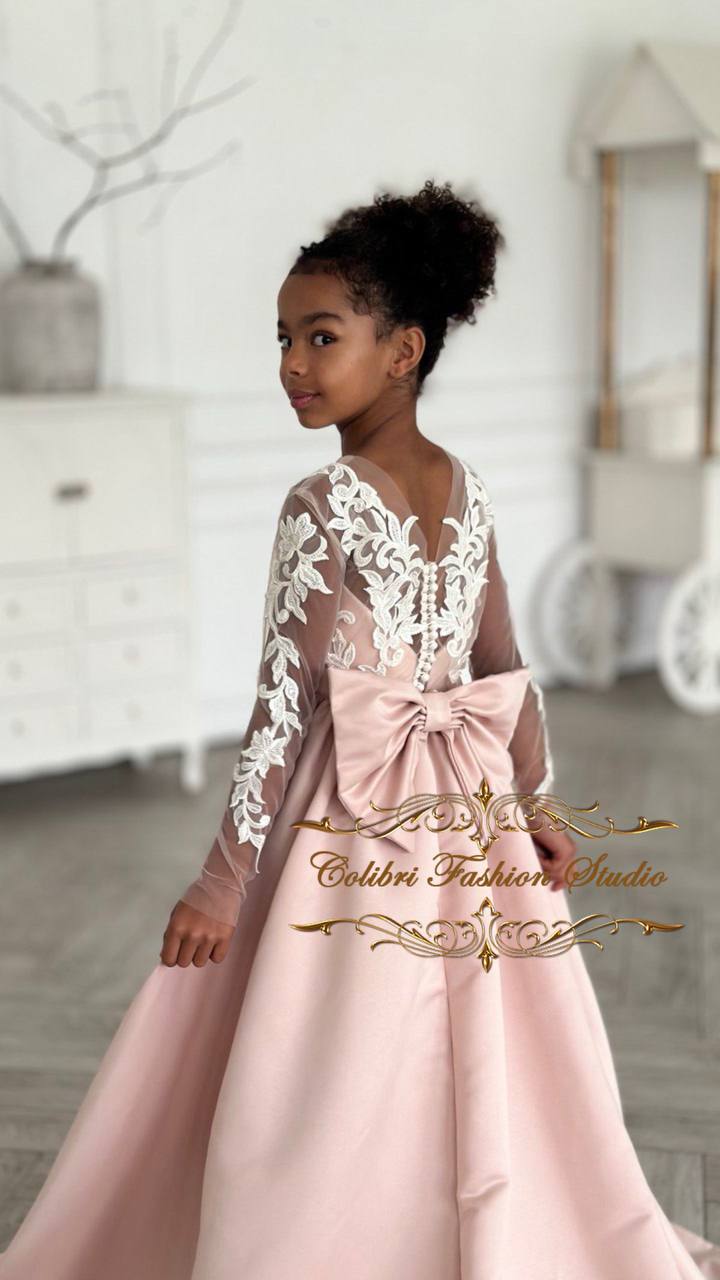 Flower girl dress satin skirt, Lace girl dress baby girl, First communion dress flower lace embroidered, Nude birthday girl dress with train