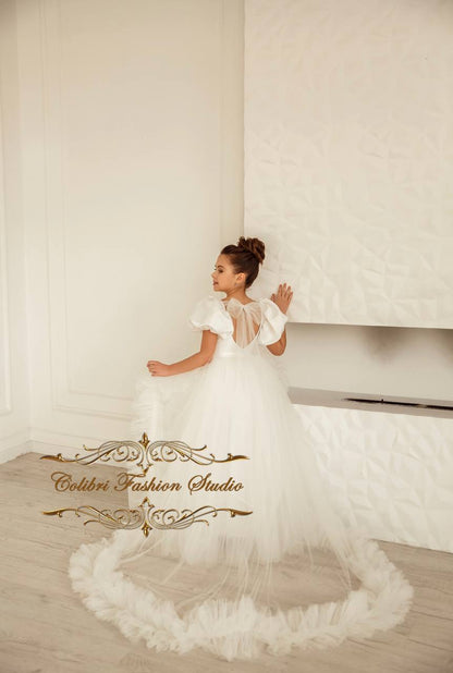 Flower girl dress ivory, Girl tulle dress with puffy sleeves, Open back flower girl dress tutu, Girl party dress white