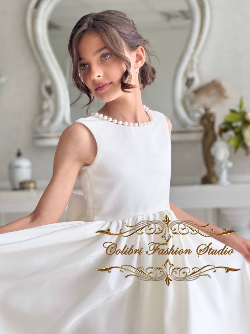 Satin flower girl dress Elegant girl dress Flower girl dress with pear Colibri Fashion Studio Satin flower girl dress Elegant girl dress Flower girl dress with pear Colibri Fashion Studio