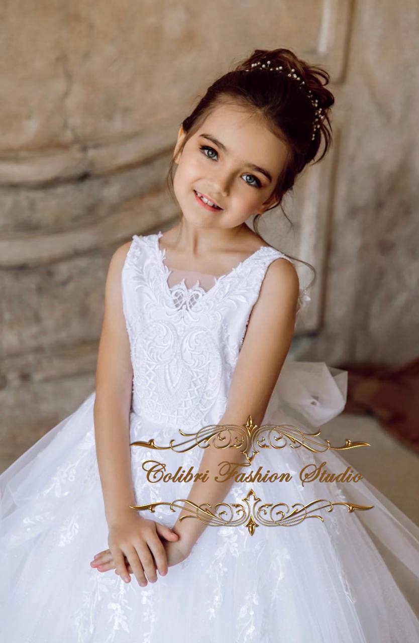 First communion dress ivory, Baby girl flower girl dress lace, Tulle floor length girl dress, Junior bridesmaid girl dress