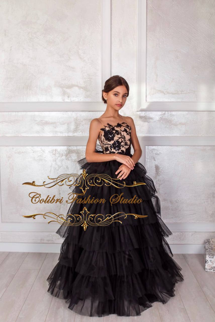 Black birthday party girl dress, Sleeveless girl dress floor length, T Colibri Fashion Studio Black birthday party girl dress, Sleeveless girl dress floor length, T Colibri Fashion Studio