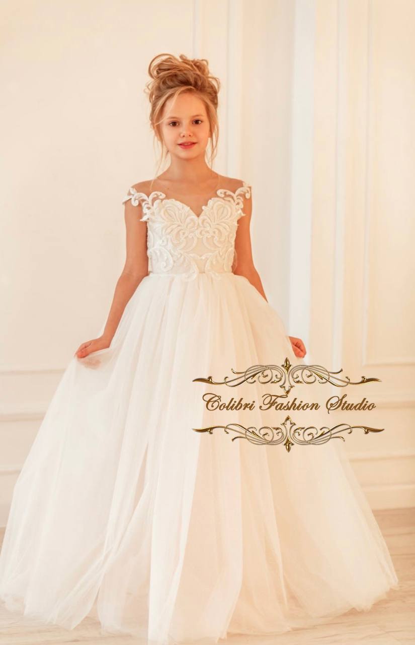 Rustic flower girl dress, Open shoulders flower girl dress, Communion dress, Floor length tulle skirt girl dress puffy