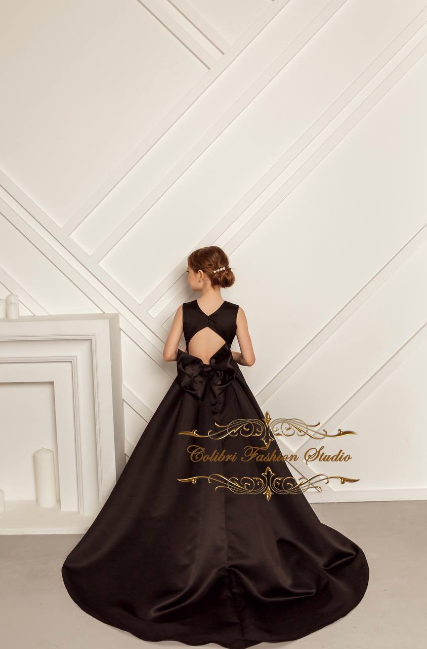 Black flower girl dress, Open back girl dress satin Colibri Fashion Studio Black flower girl dress, Open back girl dress satin Colibri Fashion Studio