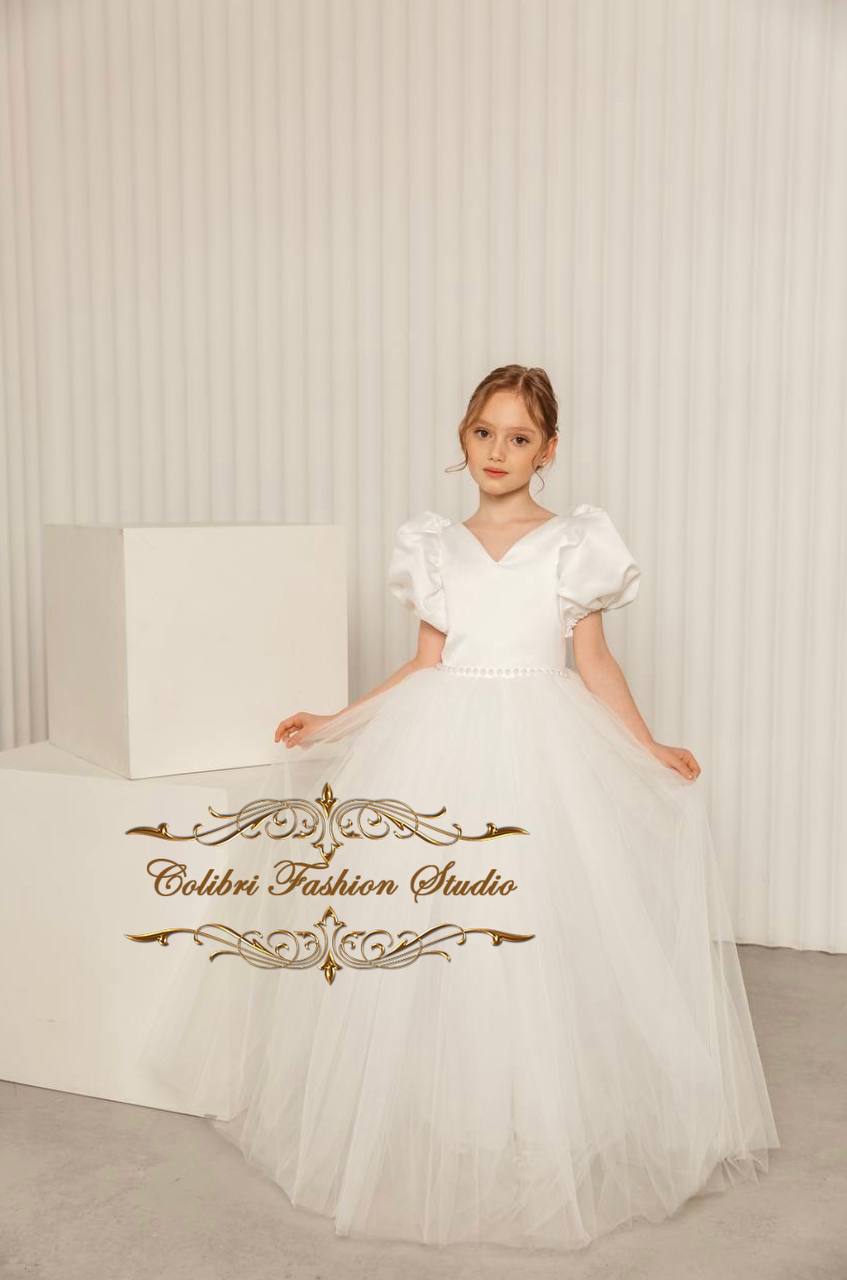 Ivory girl dress open back, Girl dress with puffy sleeves Colibri Fashion Studio Ivory girl dress open back, Girl dress with puffy sleeves Colibri Fashion Studio