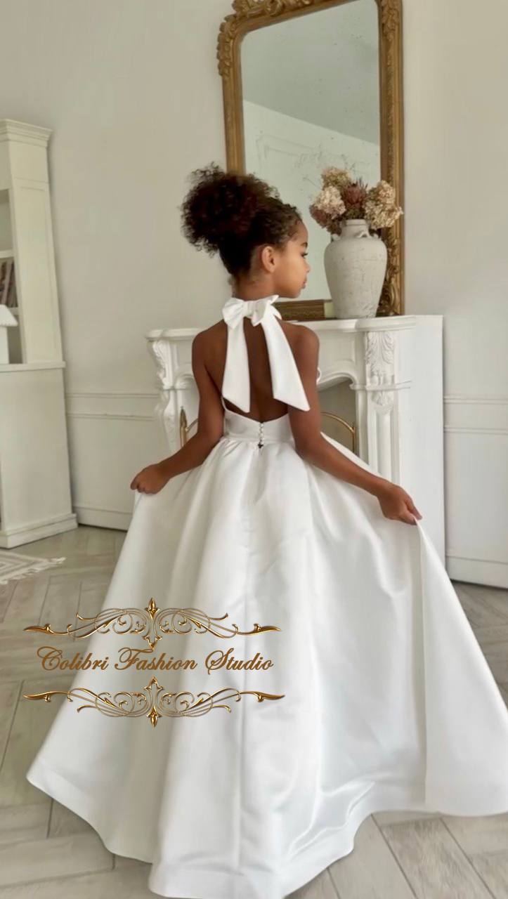 Off white flower girl dress, Satin girl dress with train Colibri Fashion Studio Off white flower girl dress, Satin girl dress with train Colibri Fashion Studio