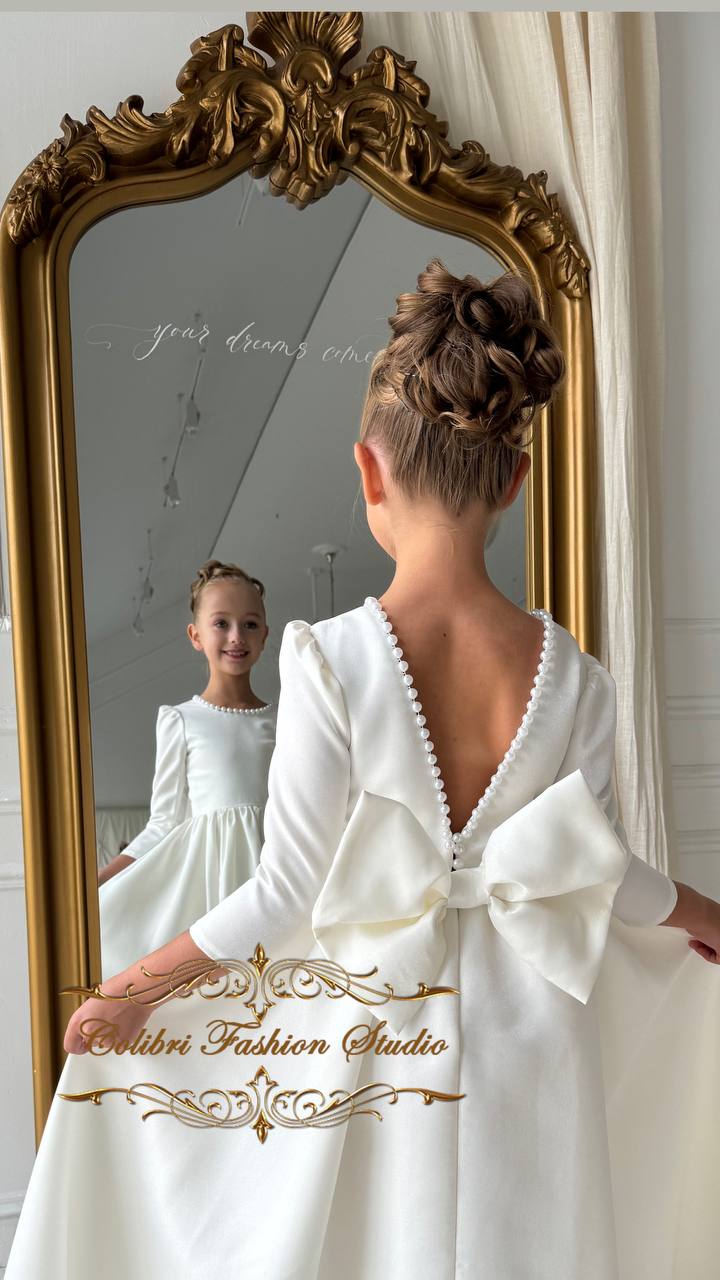 Ivory flower girl dress, Girl dress satin, Flower girl dresses, Long sleeve girl dress, Flower girl dress with train, Baptism satin dress