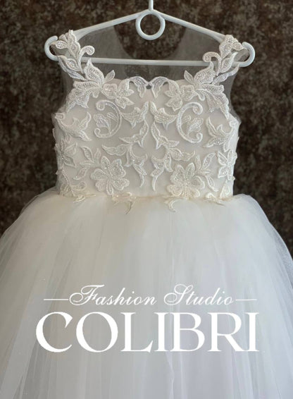 Rustic flower girl dress, Open shoulders flower girl dress, Communion dress, Floor length tulle skirt girl dress puffy