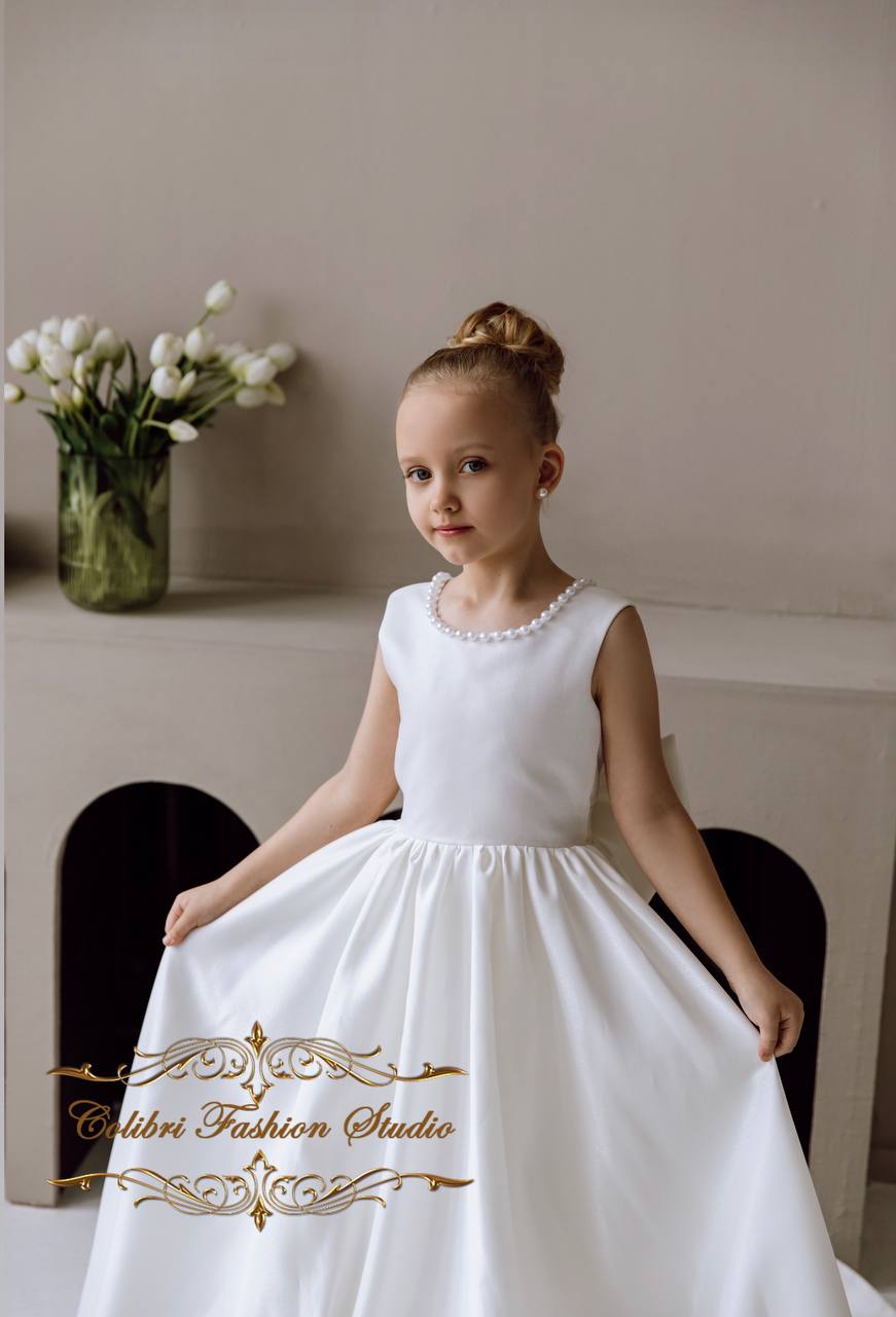 Baby satin girl dress, Little flower girl dress ivory, Girl dress with train, Junior bridesmaid gown, Ball gown