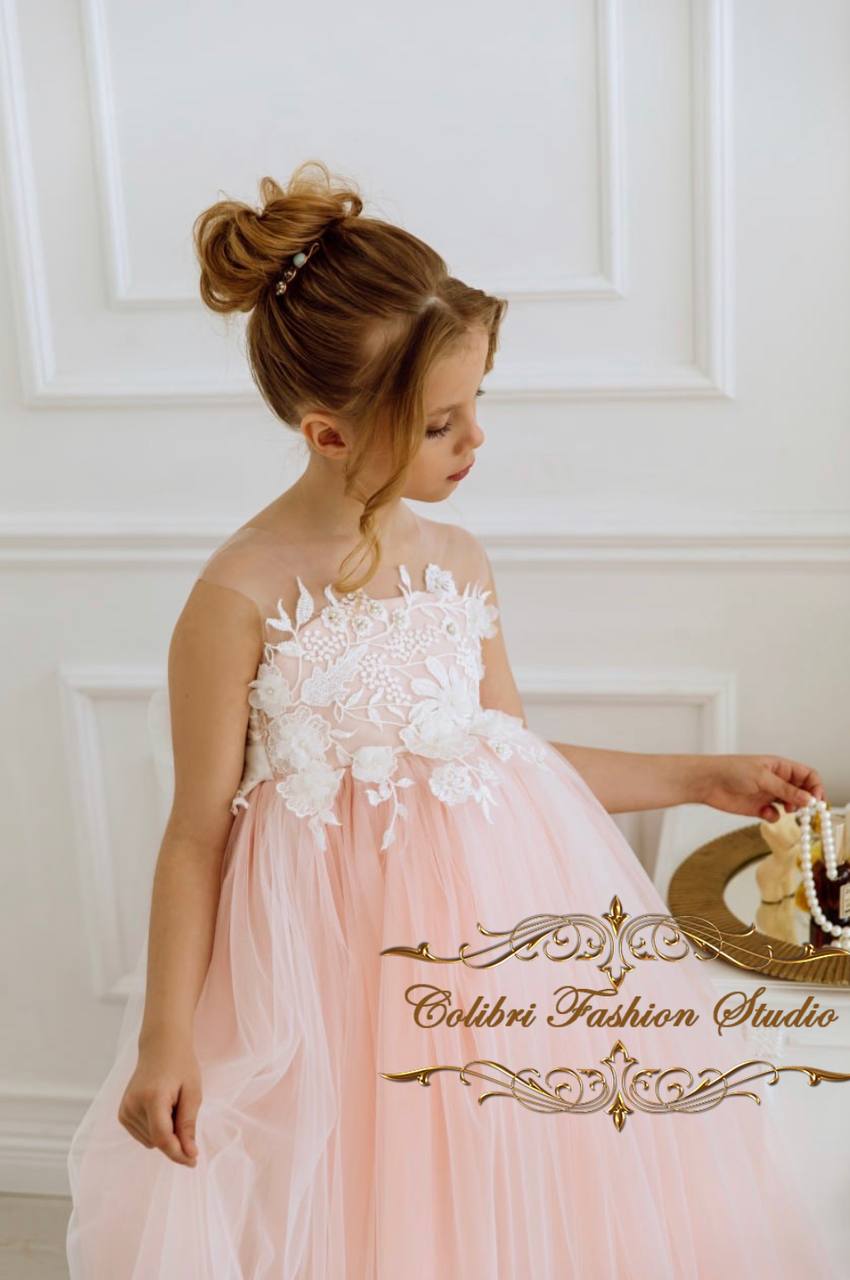 Blush flower girl dress tutu Ivory lace girl dress Birthday party girl dress Wedding girl dress open back